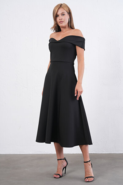 barış sülün lovebox Γυναικείο μαύρο εύκαμπτο ύφασμα κατάδυσης με στράπλες γιακά Σχέδιο Midi Flared βραδινό φόρεμα 77128