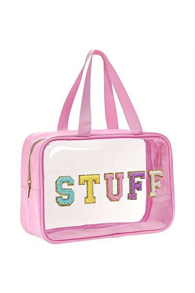 Choice Pink STUFF 1pcs Makeup Bag, Pvc Transparent Handbag, Large Capacity Waterproof Storage Bag, Travel