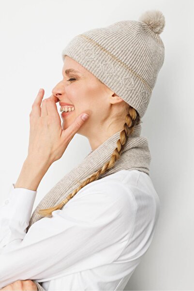 Desen Triko Women's Glitter Jacquard Pompom Wool Hat V.Beige