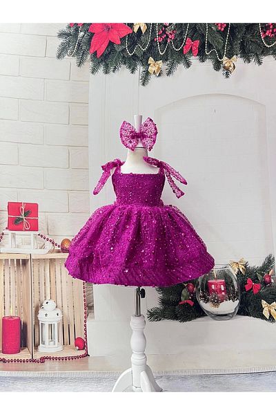 Nissa Fuchsia Sparkly Sequined Girls' Dress Evening Dress