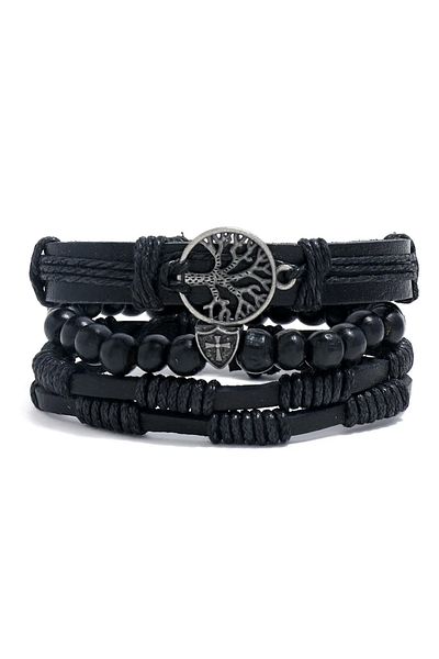 Choice ASL70461-6 4Pcs/ Set Braided Wrap Leather Bracelets for Men Vintage Life Tree Rudder Charm Wood Bead