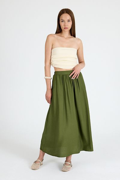 Rays Khaki Linen Look Midi Skirt with Pocket Detail 2344