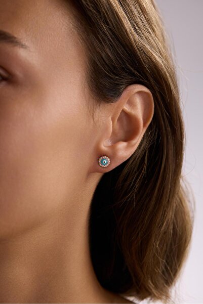 Nereze 925 Ayar Gümüş Turkuaz Mineli Minik Nazar Küpe