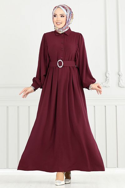 ModaMerve Half Button Aerobin Dress 3071Hbs932-M Burgundy