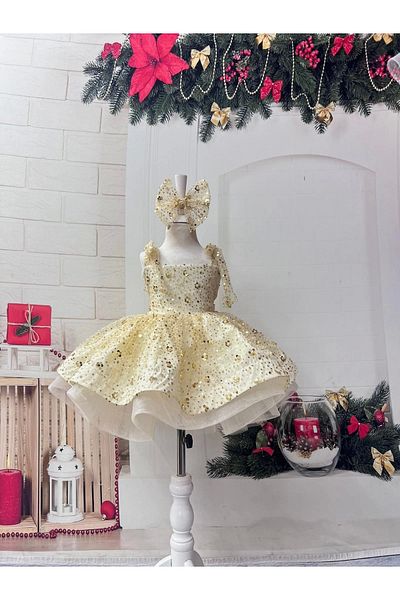 Nissa Gold Sparkly Strap Sequined Girls' Dress Evening Dress