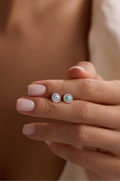 Nereze 925 Ayar Gümüş Turkuaz Mineli Minik Nazar Küpe