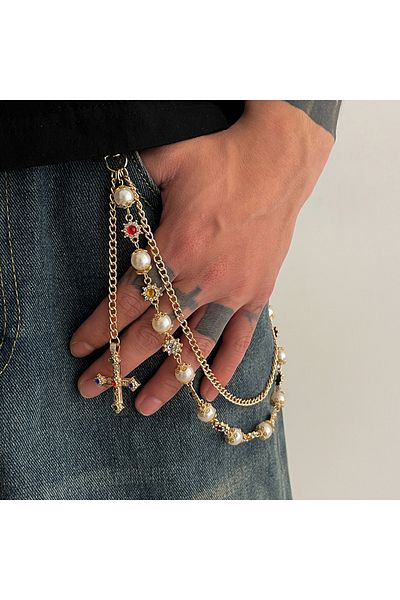 Choice سلسلة مفاتيح ذهبية اللون من Ingemark Punk Cross Jesus قلادة للرجال من Rock Goth Pants وحزام خصر وحقيبة محفظة