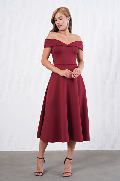 barış sülün lovebox Γυναικείο μπορντό εύκαμπτο ύφασμα κατάδυσης στράπλες γιακάς Σχέδιο Midi Flared βραδινό φόρεμα 77128