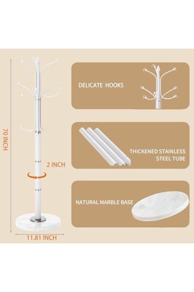 Türkiye Metal Coat Rack Stand, Modern Freestanding Coat Rack with Natural Marble Base, White Coat Racks and