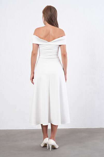 barış sülün lovebox Γυναικείο λευκό εύκαμπτο ύφασμα κατάδυσης με στράπλες γιακά Σχέδιο Midi Flared βραδινό φόρεμα 77128