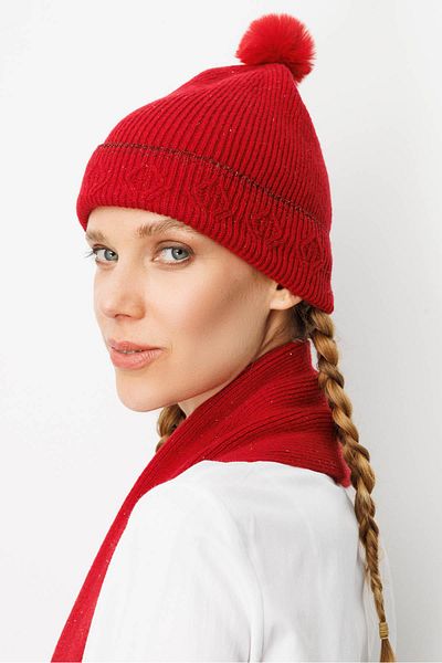 Desen Triko Women's Glitter Jacquard Pompom Wool Hat Dark Red