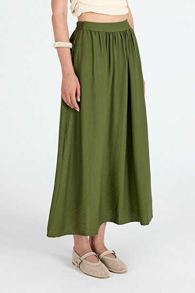Rays Khaki Linen Look Midi Skirt with Pocket Detail 2344