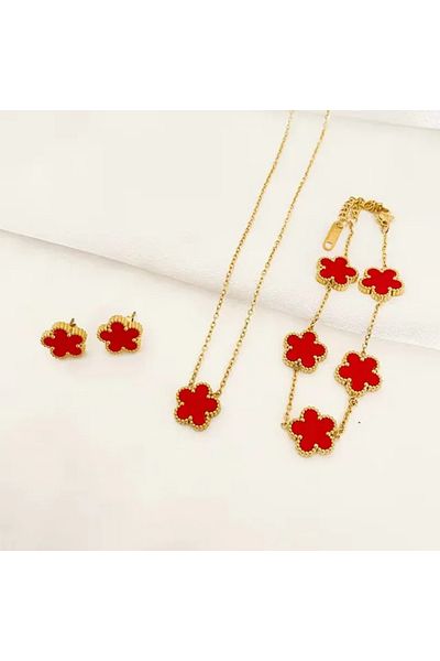 Choice Red IFYOUOO Necklace Bracelet Earrings Set Luxury Plum Blossom Plant Five Leaf Flower for Women Gift