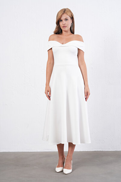 barış sülün lovebox Γυναικείο λευκό εύκαμπτο ύφασμα κατάδυσης με στράπλες γιακά Σχέδιο Midi Flared βραδινό φόρεμα 77128