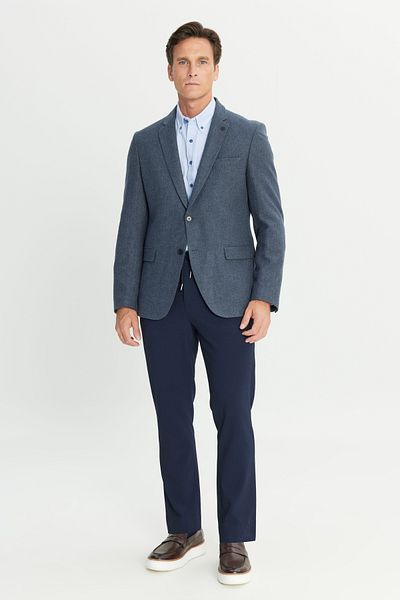 ALTINYILDIZ CLASSICS Men's Light Navy Blue Comfort Fit Relaxed Cut Mono Collar Herringbone Patterned Wool Jacket