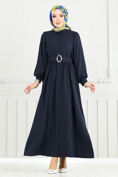 ModaMerve Half Button Aerobin Dress 3071Hbs932-M Navy
