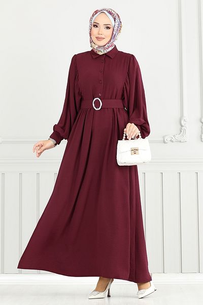 ModaMerve Half Button Aerobin Dress 3071Hbs932-M Burgundy