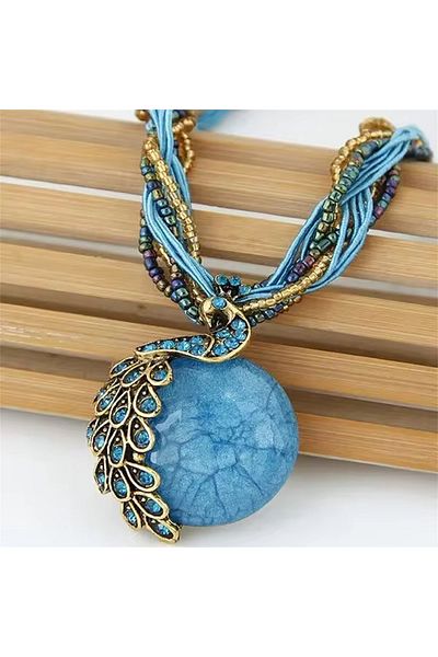 Choice Blue Elegant Vintage Peacock Fringed Tassel Pendant Necklace for Women's Sweaters Fashionable Bohemi