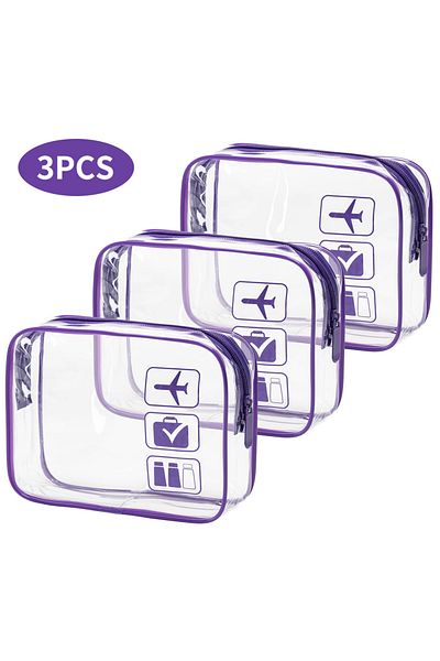 Choice PURPLE Cosmetic Pouch 3 Pcs Clear Toiletries Bags Carry On Airport Airline Compliant Bag Toiletry Ba
