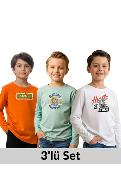 FYK COLLECTİON 3-Pack Zero Collar Printed Detail Boy's Sweatshirt