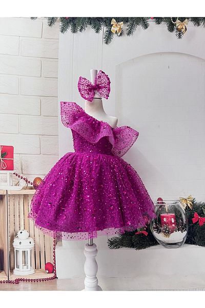 Nissa Fuchsia One Shoulder Sparkly Sequined Girls' Dress Evening Dress