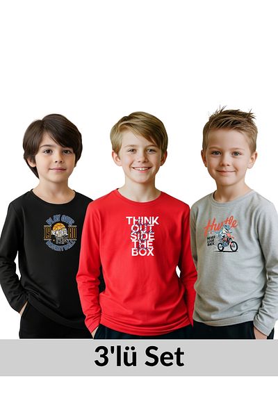 FYK COLLECTİON 3-Pack Zero Collar Printed Detail Boy's Sweatshirt