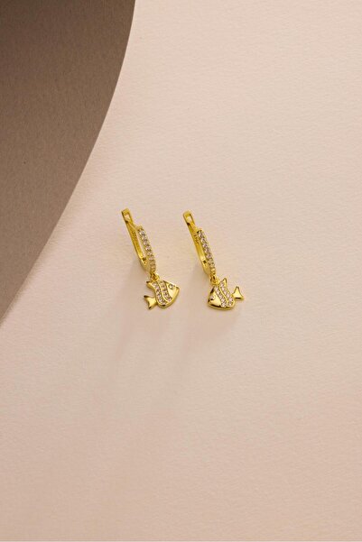 Nereze 925 Ayar Gümüş Gold Kaplama Sallantılı U Model Balık Küpe