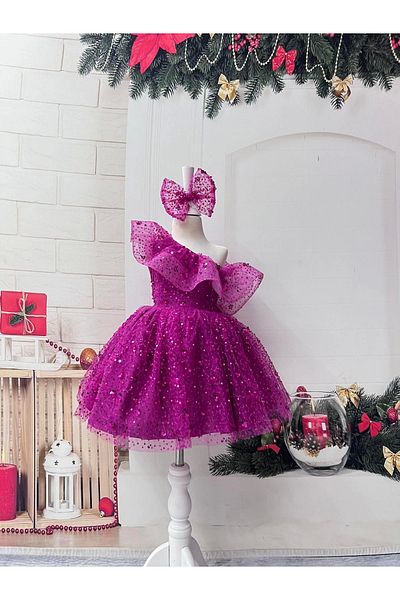 Nissa Fuchsia One Shoulder Sparkly Sequined Girls' Dress Evening Dress