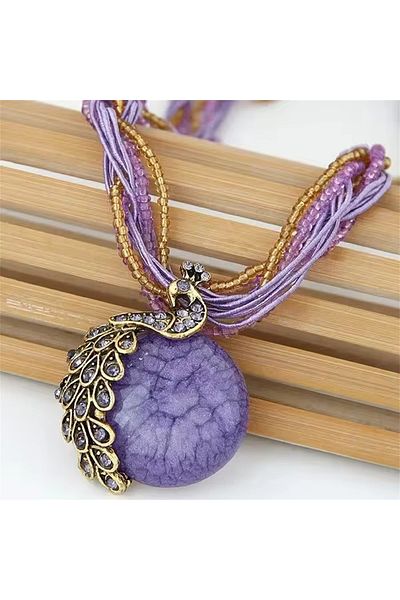 Choice Purple Elegant Vintage Peacock Fringed Tassel Pendant Necklace for Women's Sweaters Fashionable Bohe
