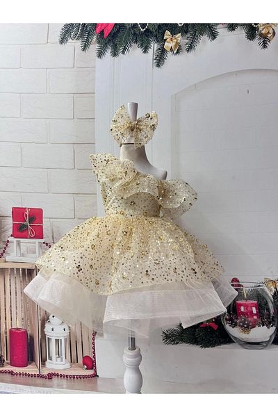 Nissa Gold Sparkly One Shoulder Sequined Girls Dress Evening Dress
