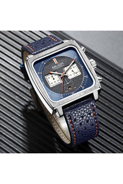 Choice Blue MEGIR Square Dial Chronograph Quartz Watches for Men Fashion Blue Leather Strap Casual Sport Wr