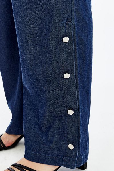 RMG Leg Button Detailed Elastic Waist Plus Size Tnsel Trousers Navy Blue