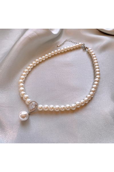 Choice HN5207-1 Pearl Zircon Pendant Water Drop Necklace for Women Retro Light Luxury Sweater Chain Necklac