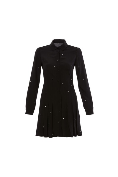 NEWRULES Puantiye desenli pliseli önden düğmeli uzun kollu elbise