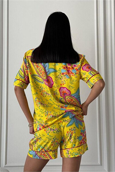 COCCOLARSI Motivi Etnici Sarı Viskon Kısa Pijama Takımı
