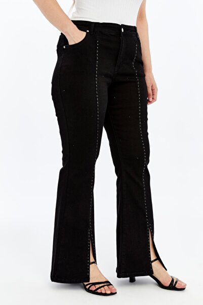 RMG Large Size Jeans with Leg Slits and Stone Detail Black
