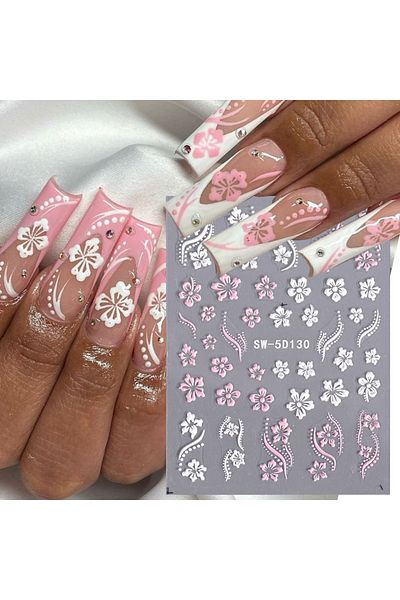 Choice pink 5D Hibiscus Flower Nail Embossed Sticker Acrylic White Pink Petal Leaf Adhesive Decal Butterfly
