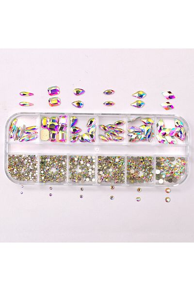 Choice Crystal AB 12 Grids Crystal AB Nail Charms Rhinestones Flatback Mix Shapes 3D Glitter Nail Art Decor