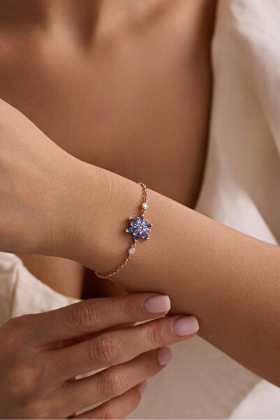 Nereze 925 Ayar Gümüş Rose Kaplama Doç Zincirli Aquamarin Taşlı Lotus Çiçeği Bileklik