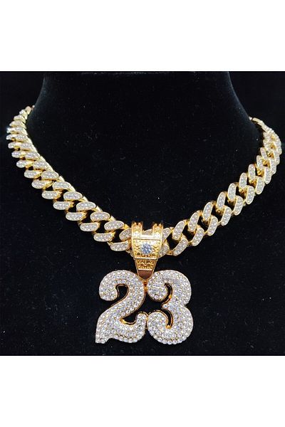 Choice 20inch(50cm) Gold color Men Women Hip Hop Number 23 Pendant Necklace With 13mm Crystal Cuban Chain H