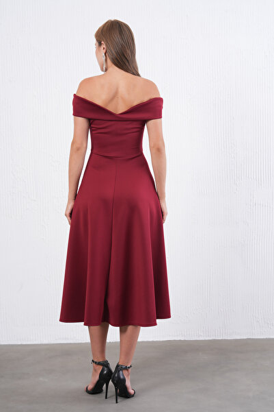 barış sülün lovebox Γυναικείο μπορντό εύκαμπτο ύφασμα κατάδυσης στράπλες γιακάς Σχέδιο Midi Flared βραδινό φόρεμα 77128