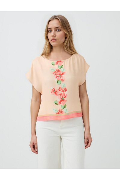 Jimmy Key Pink Short Sleeve Boat Neck Floral Print Blouse