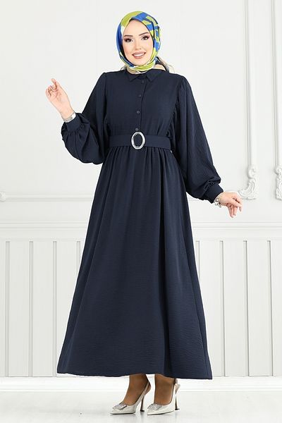 ModaMerve Half Button Aerobin Dress 3071Hbs932-M Navy