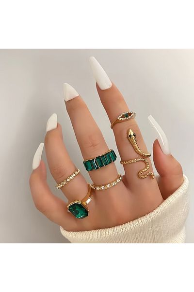 Choice 18 J060009-3 8PCSSet Of Fashionable And Retro Imitation Gemstone Snake-Shaped Twisted Rings For Wome
