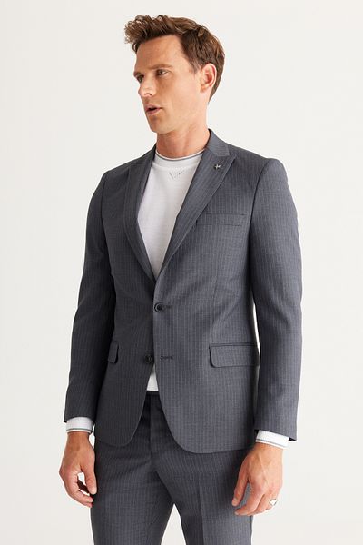 AC&Co / Altınyıldız Classics Men's Gray Extra Slim Fit Slim Fit Swallow Collar Striped Suit
