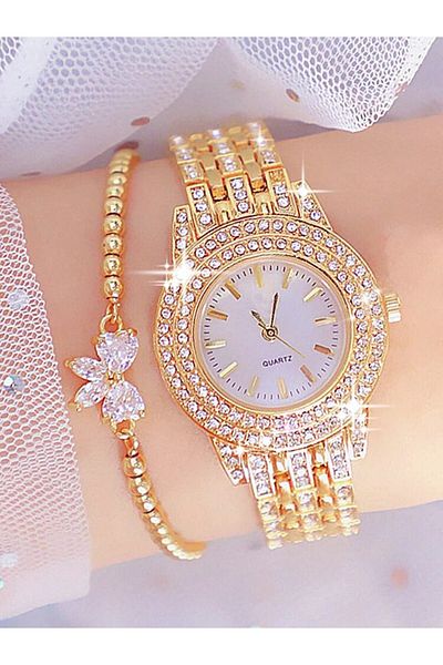 Choice golden 2pcs Fashionable Diamond Studded Real Nail Scale Alloy Set Quartz Bracelet Watch FOR WOMEN'S