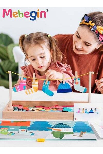 MEBEGIN Funny Sock Drying Game Sock Pairing Toy Set Wooden Pairing Socks Puzzle with Storage Box & 20 Cards