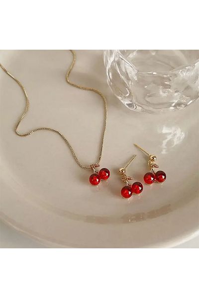 Choice 2 pcs set Red Cherry Pendant Necklaces Stud Earrings for Women's Fashion Fruit Necklace Jewery Sets