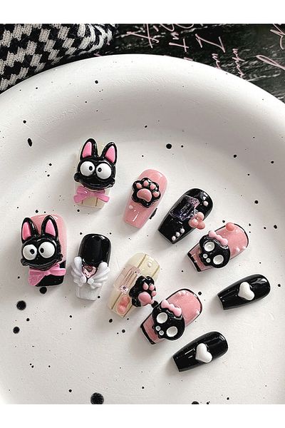 Choice M 10 pieces of short square cute cat nail art, detachable black and pink cartoon skeleton love fake.