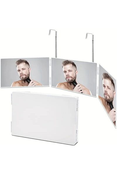 Choice WHITE Trifold Shaving Mirror with Height Adjustable Telescoping Hooks for Self Hair Cutting Makeup E